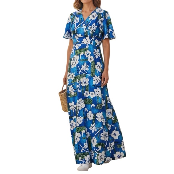 Royal Hawaiian Dresses & Skirts - Vintage Royal Hawaiian 12 Blue White V-neck Maxi Dress